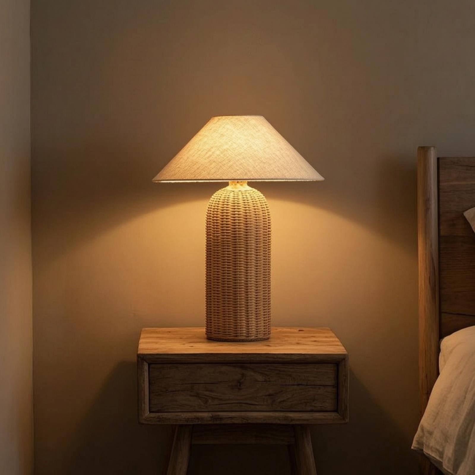 Lighting Decor For Bedroom - ベッドサイドランプ ラタンベース ファブリックシェード ナイトテーブルランプ 寝室 リビングルーム用装飾照明
