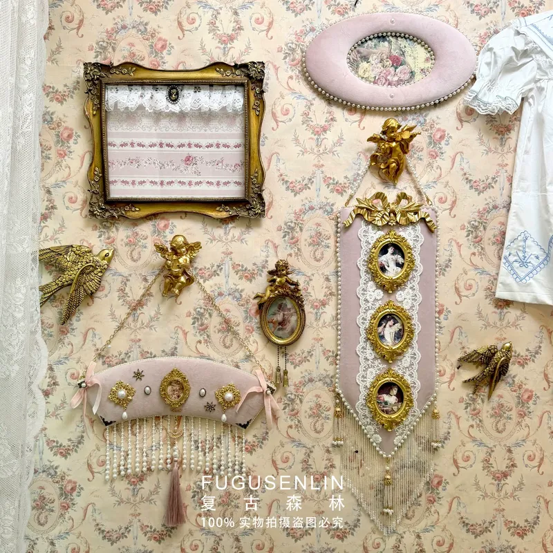 Lighting Room Decor Photo - レトロな手作り高級感漂う宮廷風ピンクベルベットレリーフ額縁 壁掛け 娘の部屋 自宅の写真壁飾り