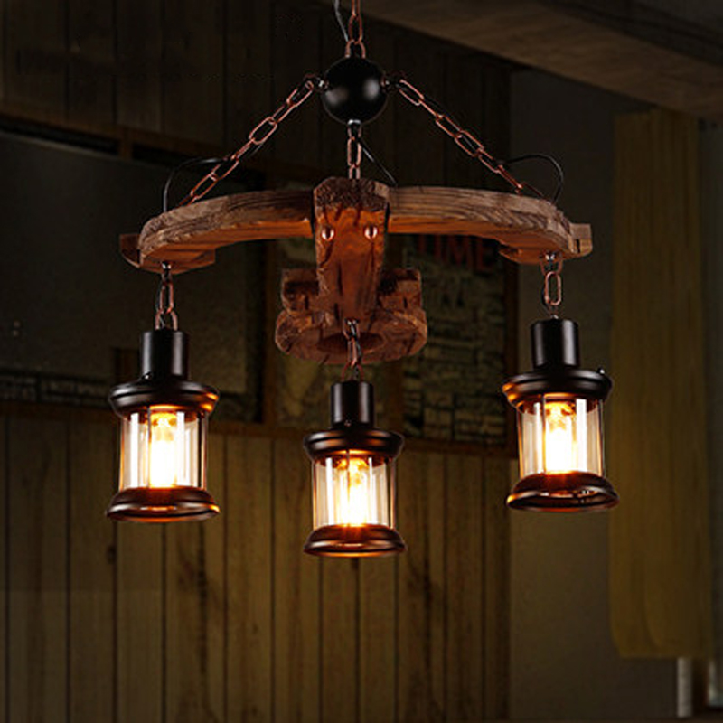 Lighting Decor Store - ロフトペンダントランプダイニングルームシャンデリアレストランランプガラス木製照明レトロ衣料品店バー装飾ハンギングライト