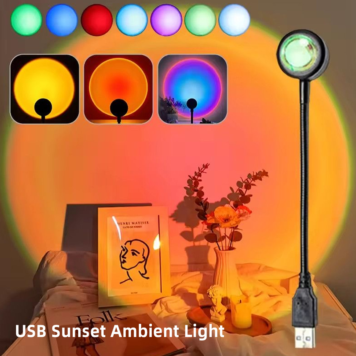 Sunset Lamp Projection - LED レインボーサンセットプロジェクションランプ雰囲気夜の光写真撮影補助光アーティファクトクリエイティブルーム装飾ギフト