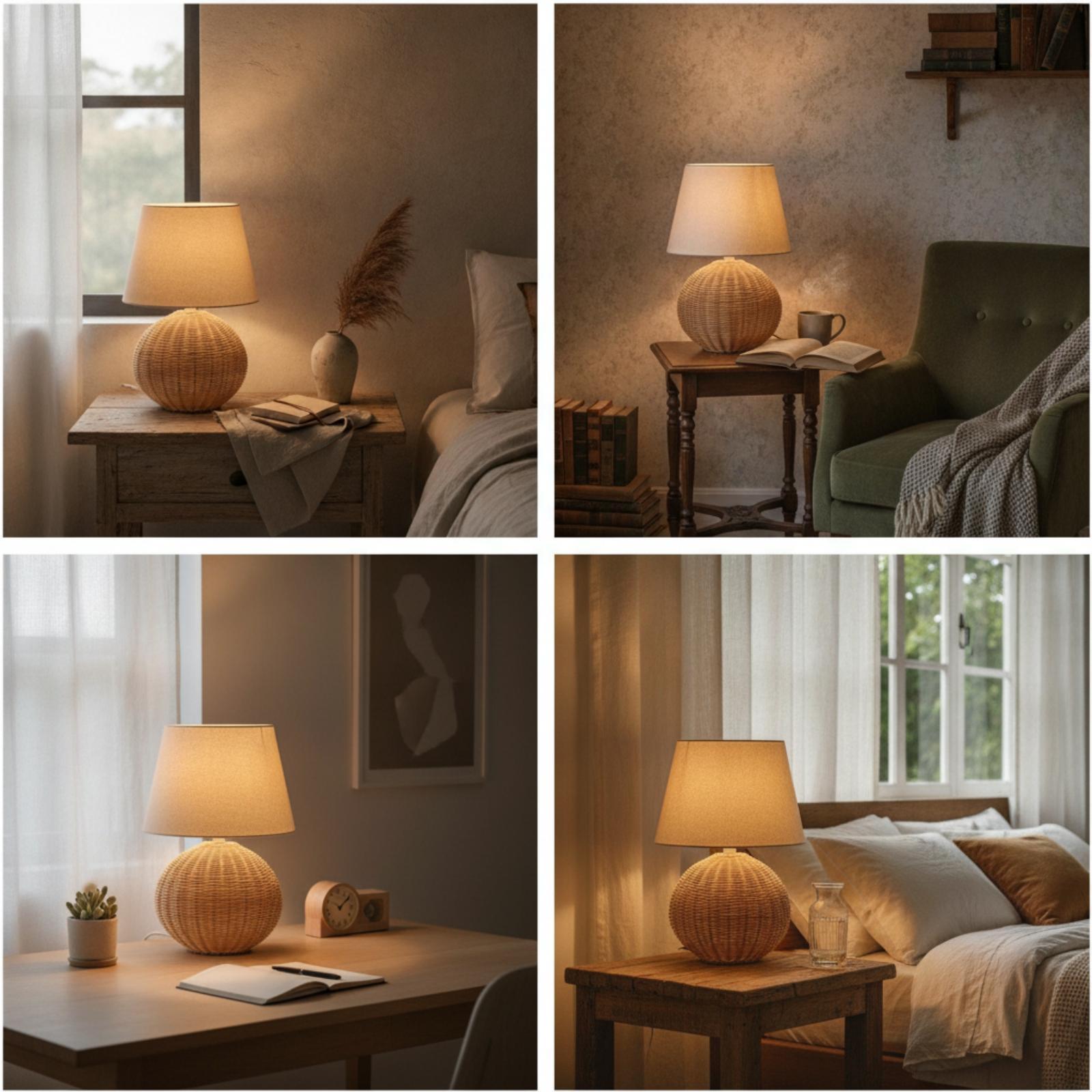 ベッドサイドランプ ラタンベース ファブリックシェード ナイ - Lighting Decor For Bedroom のレビューと価格