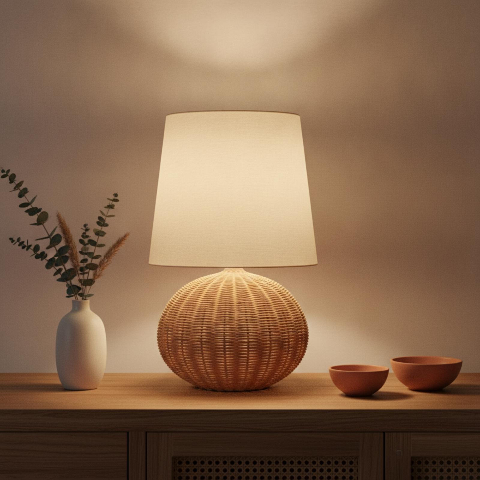 ベッドサイドランプ ラタンベース ファブリックシェード ナイ - Lighting Decor For Bedroom のレビューと価格